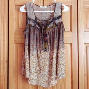 Pieced Floral Henley Tank Top